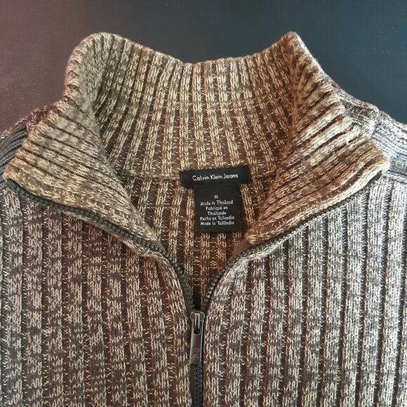 Calvin Klein Jeans SZ M 100% Cotton Taupe & Beige Ribbed 1/4 Zip Men's Sweater - Picture 9 of 16